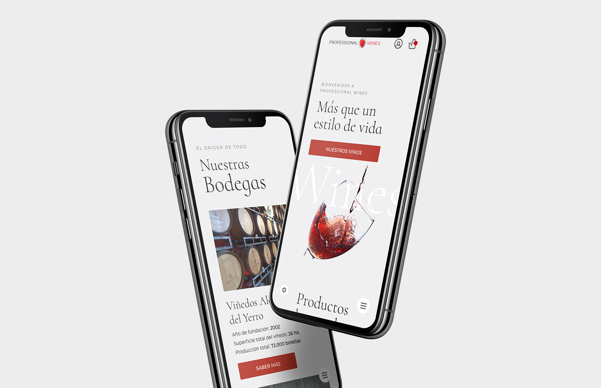 Pantallas de smartphone del diseño web para la marca Professional Wines
