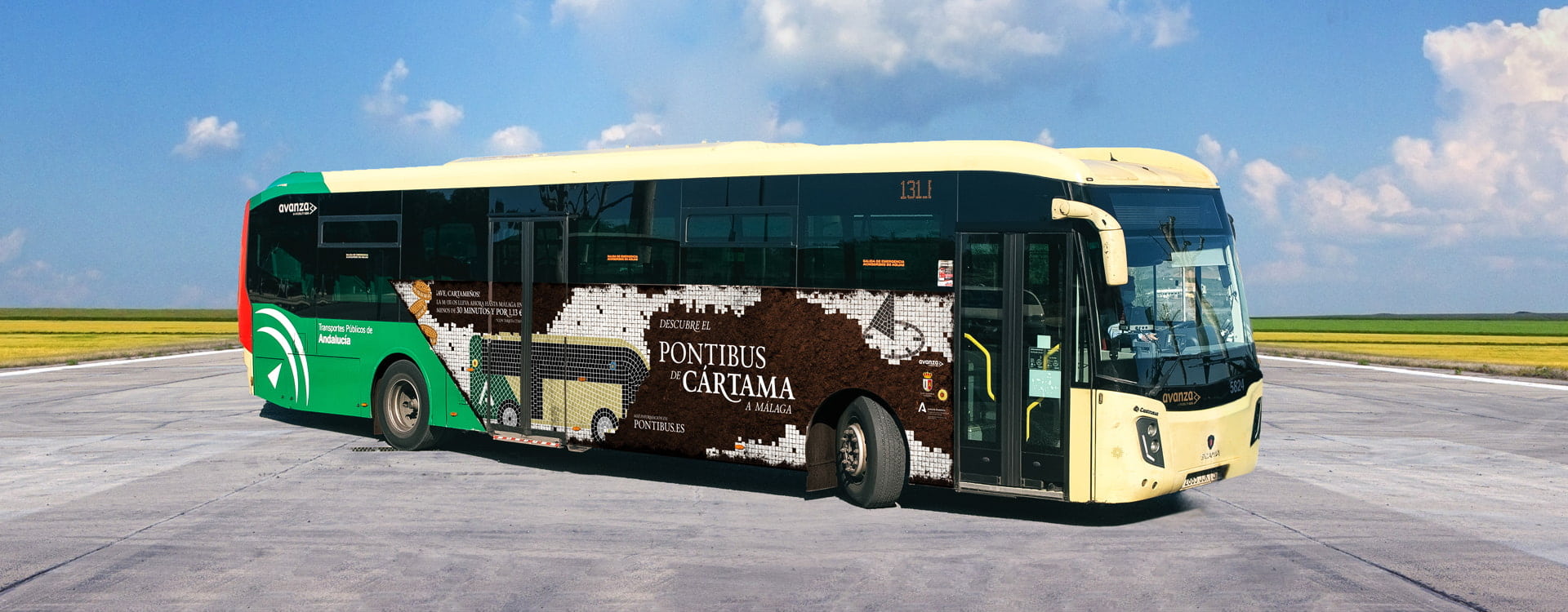 Aplicación de gráfica a un bus en de la campaña Descubre el Pontibus, para Avanza. Estudio de diseño en Granada y Málaga