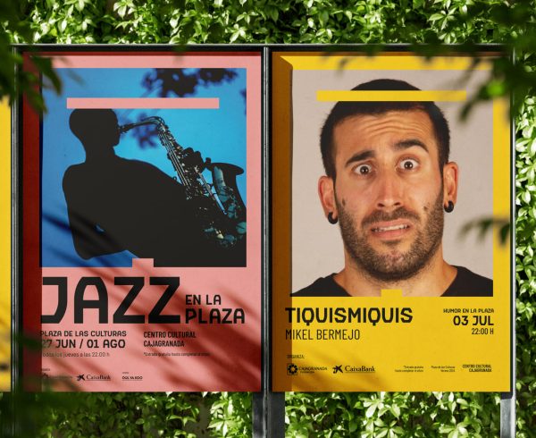 Imagen gráfica para los ciclos de verano 2024 de Fundación CajaGranada, Ciclo de Humor y Ciclo de Jazz. Diseño gráfico, diseño de carteles, diseño y adaptación para redes sociales. Granada y Málaga