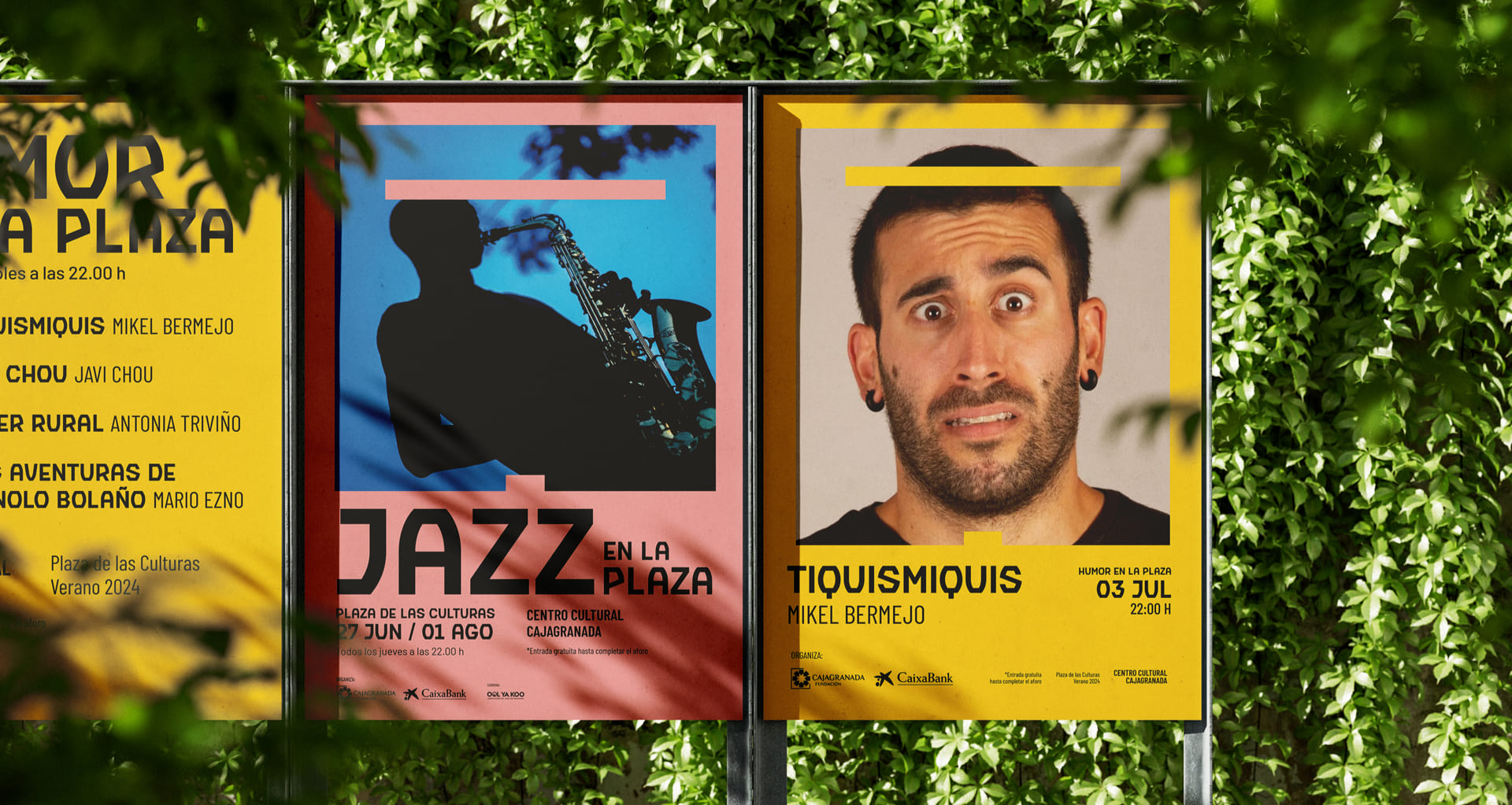 Imagen gráfica para los ciclos de verano 2024 de Fundación CajaGranada, Ciclo de Humor y Ciclo de Jazz. Diseño gráfico, diseño de carteles, diseño y adaptación para redes sociales. Granada y Málaga