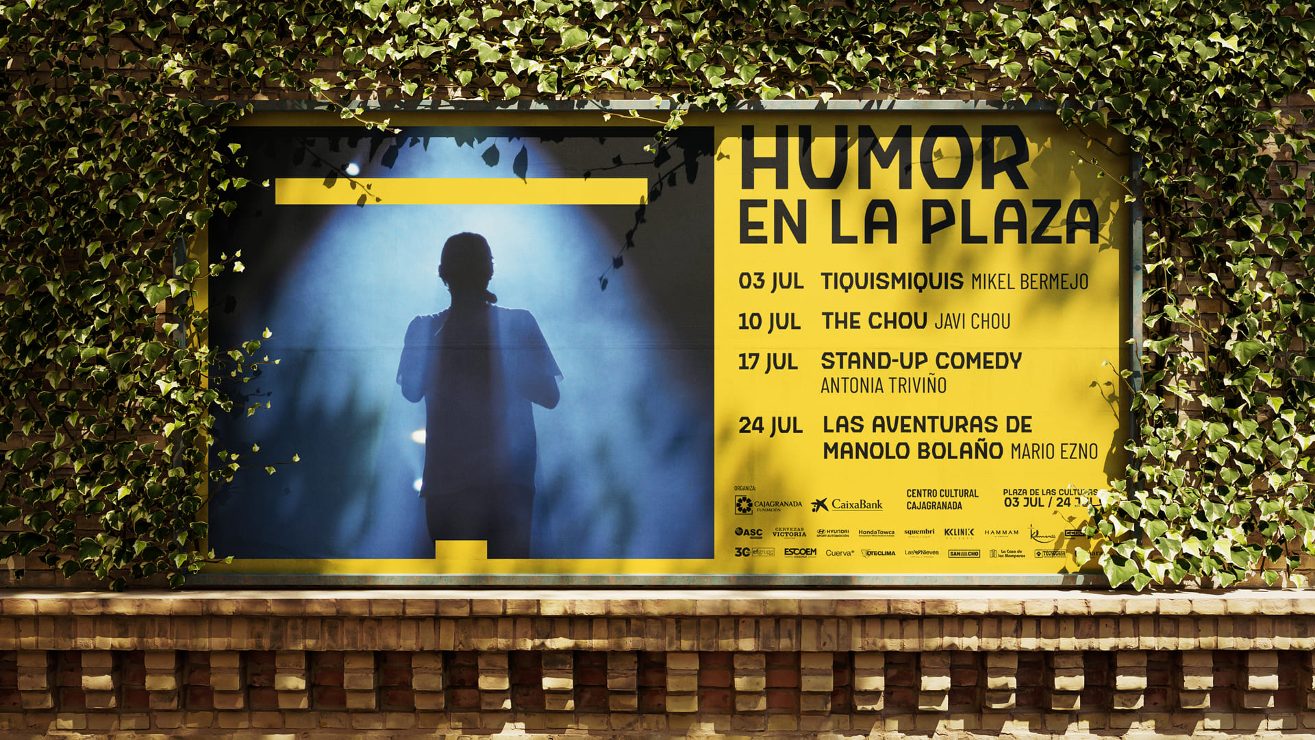 Imagen gráfica para los ciclos de verano 2024 de Fundación CajaGranada, Ciclo de Humor y Ciclo de Jazz. Diseño gráfico, diseño de carteles, diseño y adaptación para redes sociales. Granada y Málaga